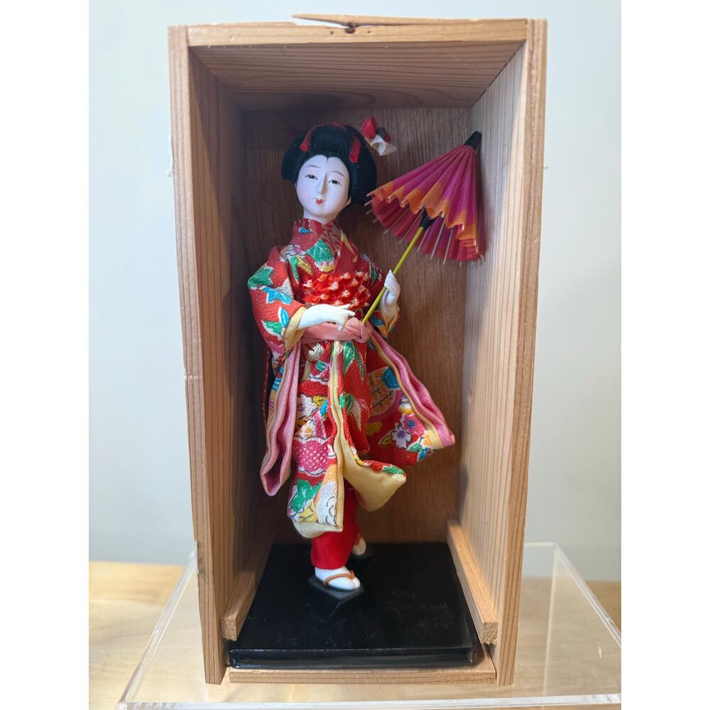 Vintage Nishi Japanese Geisha Doll Red Kimono and Umbrella JL